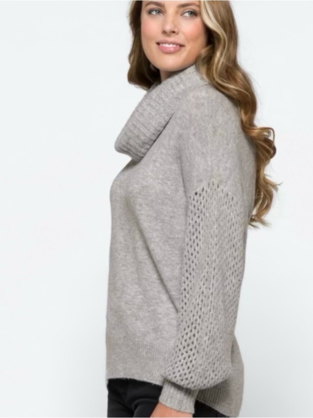 Vince Camuto Gray Oversized Cowl Neck Open Knit Balloon Sleeve Sweater L - Picture 6 of 7